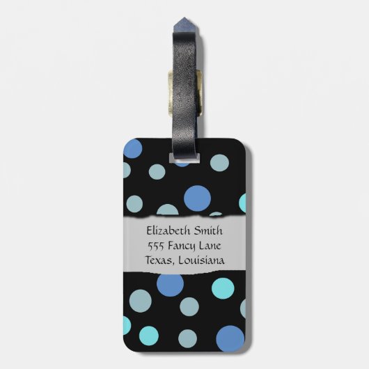 青い水玉模様、水玉模様パターン、名前 ラゲッジタグ (裏面縦)