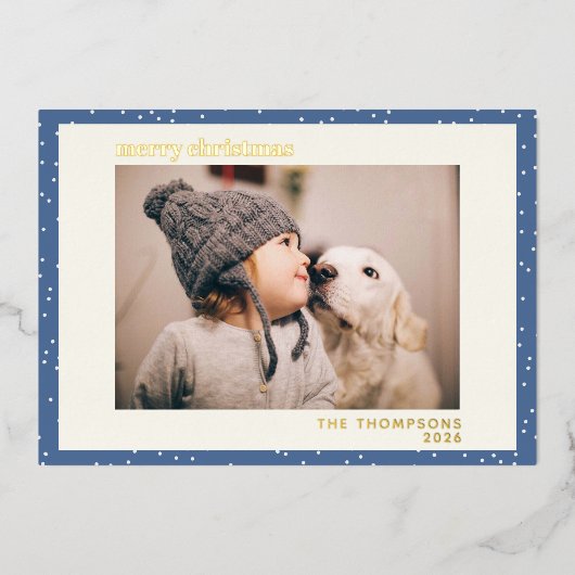 青い水玉雪シンプル写真ゴールド 箔シーズンカード (正面)