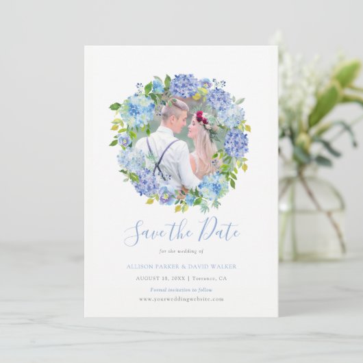 青い水色あじさい写真デートのカードを保存 セーブザデート (スタンド正面)