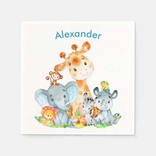 青い水色かわいいサファリジャングル動物 スタンダードカクテルナプキン (正面)