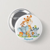 青い水色かわいいサファリジャングル動物 缶バッジ (正面&裏面)