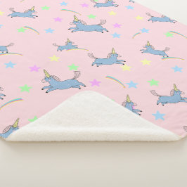 青い水色かわいいユニコーン虹の星模様 シェルパブランケット