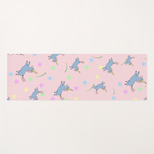 青い水色かわいいユニコーン虹の星模様 ヨガマット (正面(横))