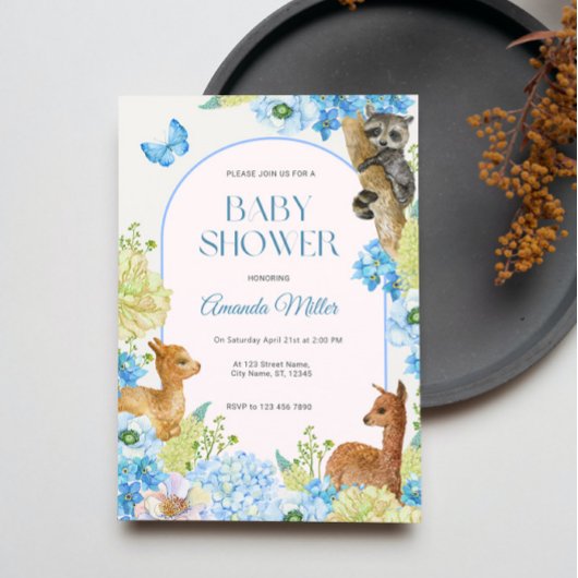 青い水色かわいい動物の花赤ちゃんシャワー 招待状