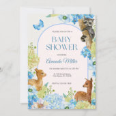 青い水色かわいい動物の花赤ちゃんシャワー 招待状 (正面)