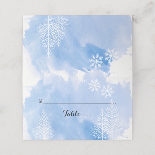 青い水色と木の冬の結婚式のエスコートカード プレイスカード (外部開封)