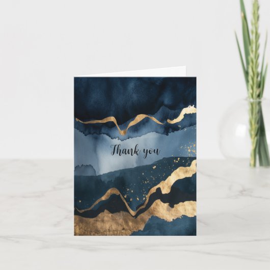 青い水色と金ゴールド サンキューカード (正面)
