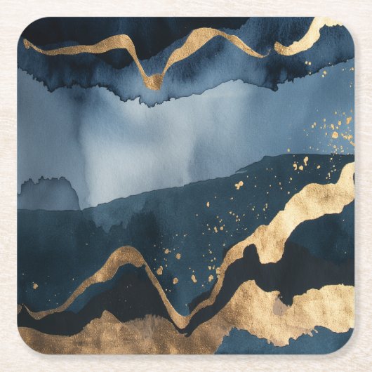 青い水色と金ゴールド スクエアペーパーコースター (正面)