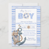 青い水色のクマ航海のいかりベビーシャワー 招待状 (正面)