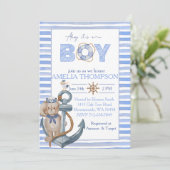 青い水色のクマ航海のいかりベビーシャワー 招待状 (スタンド正面)