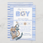 青い水色のクマ航海のいかりベビーシャワー 招待状 (正面/裏面)