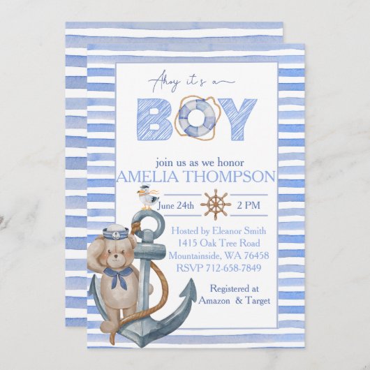 青い水色のクマ航海のいかりベビーシャワー 招待状 (正面/裏面)