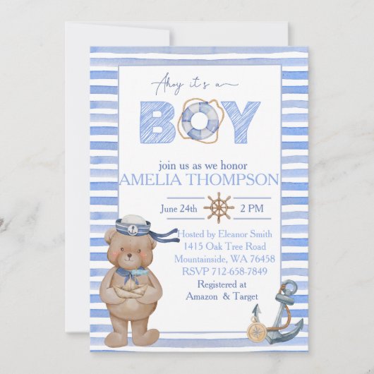 青い水色のクマ航海のいかりベビーシャワー 招待状 (正面)