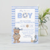 青い水色のクマ航海のいかりベビーシャワー 招待状 (スタンド正面)