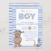 青い水色のクマ航海のいかりベビーシャワー 招待状 (正面/裏面)