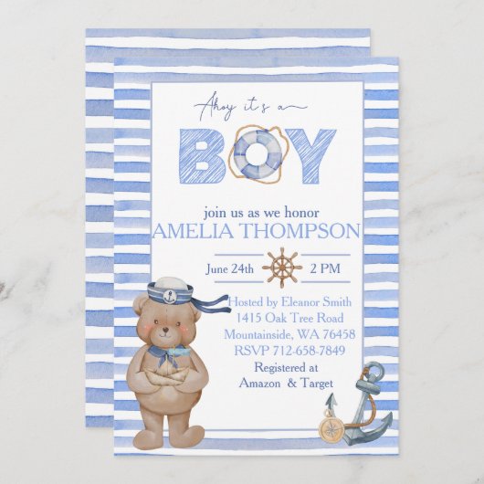 青い水色のクマ航海のいかりベビーシャワー 招待状 (正面/裏面)