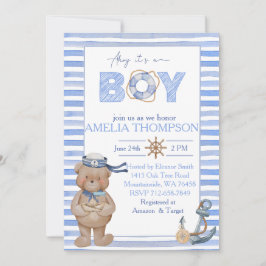 青い水色のクマ航海のいかりベビーシャワー 招待状