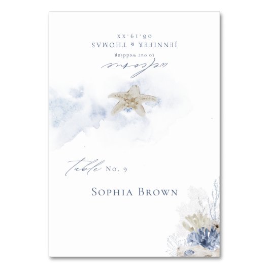 青い水色のサンゴ&シーシェルビーチ結婚式 テーブルナンバー (正面)