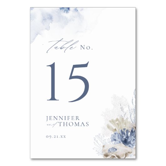 青い水色のサンゴ&シーシェルビーチ結婚式 テーブルナンバー (裏面)