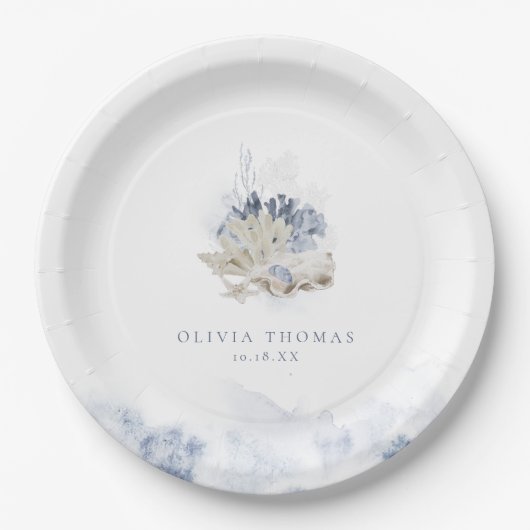 青い水色のサンゴ&シーシェルビーチ結婚式 ペーパープレート (正面)