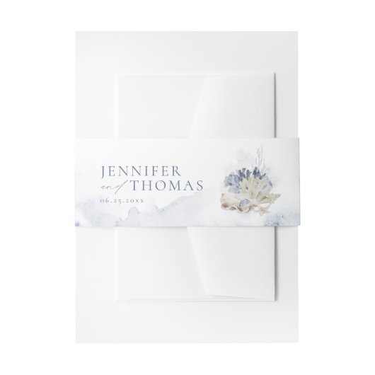 青い水色のサンゴ&シーシェルビーチ結婚式 招待状ベリーバンド (正面例)