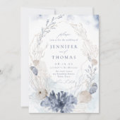 青い水色のサンゴ&シーシェルビーチ結婚式 招待状 (正面)