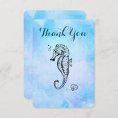 青い水色のシーホースとシーシェルありがとう サンキューカード (正面/裏面)