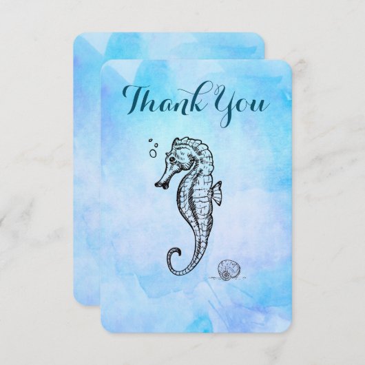青い水色のシーホースとシーシェルありがとう サンキューカード (正面/裏面)