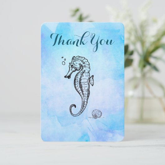 青い水色のシーホースとシーシェルありがとう サンキューカード (スタンド正面)