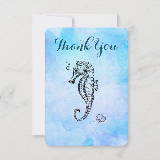 青い水色のシーホースとシーシェルありがとう サンキューカード (正面)