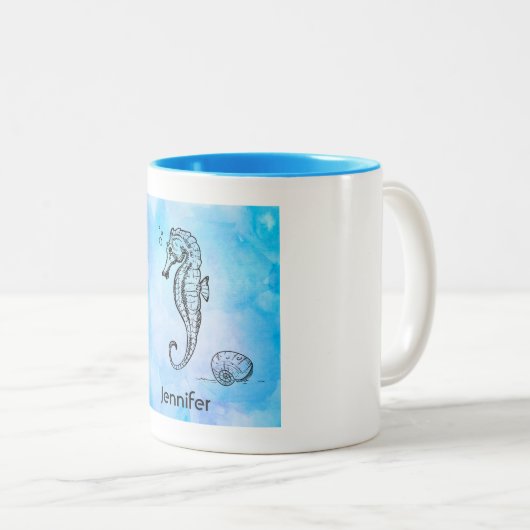 青い水色のシーホースとシーシェル ツートーンマグカップ (正面右)