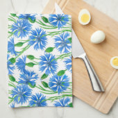 青い水色のトウモロコシの花、白い上に野生の花 キッチンタオル (四つ折り)