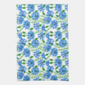 青い水色のトウモロコシの花、白い上に野生の花 キッチンタオル (縦)