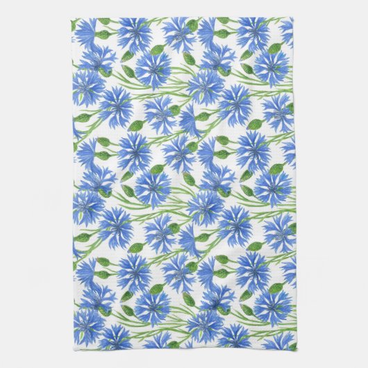 青い水色のトウモロコシの花、白い上に野生の花 キッチンタオル (縦)