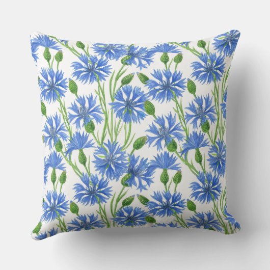 青い水色のトウモロコシの花、白い上に野生の花 クッション (裏面)