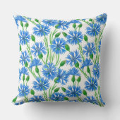 青い水色のトウモロコシの花、白い上に野生の花 クッション (正面)