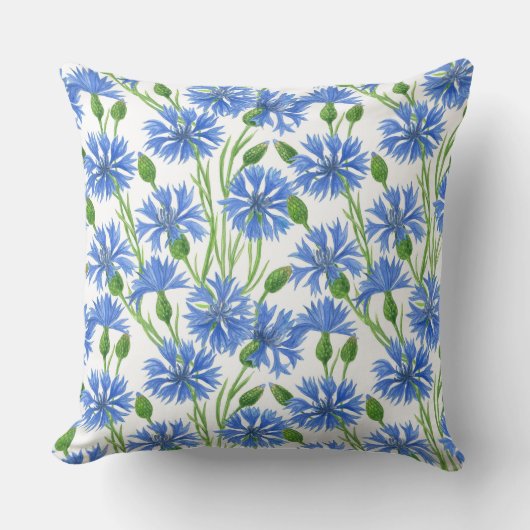 青い水色のトウモロコシの花、白い上に野生の花 クッション (正面)
