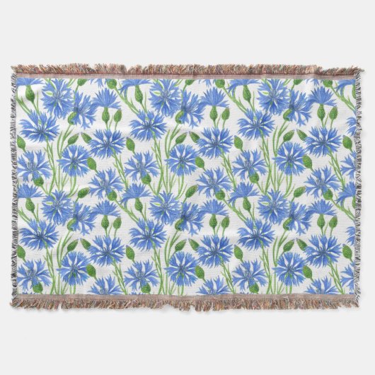 青い水色のトウモロコシの花、白い上に野生の花 スローブランケット (正面)