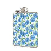 青い水色のトウモロコシの花、白い上に野生の花 フラスク (左)