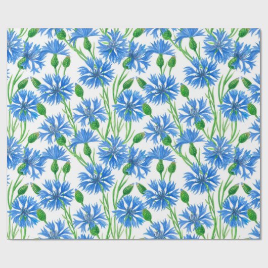 青い水色のトウモロコシの花、白い上に野生の花 ラッピングペーパー (フラット)