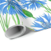 青い水色のトウモロコシの花、白い上に野生の花 ラッピングペーパー (ロールコーナー)