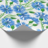 青い水色のトウモロコシの花、白い上に野生の花 ラッピングペーパー (角)