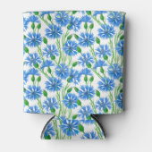 青い水色のトウモロコシの花、白い上に野生の花 缶クーラー (正面)