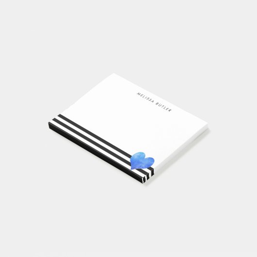 青い水色のハートを白黒で表示ストライプ ポストイット (アングル)