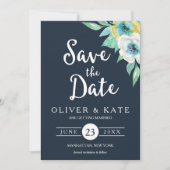 青い水色のフローラ保存日付 招待状 (正面)