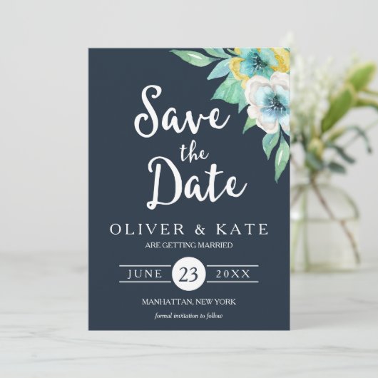 青い水色のフローラ保存日付 招待状 (スタンド正面)