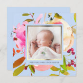 青い水色のフローラ写真の誕生発表 招待状 (正面/裏面)