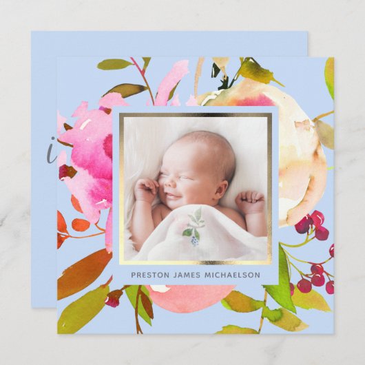 青い水色のフローラ写真の誕生発表 招待状 (正面/裏面)