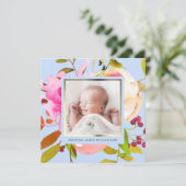 青い水色のフローラ写真の誕生発表 招待状 (スタンド正面)