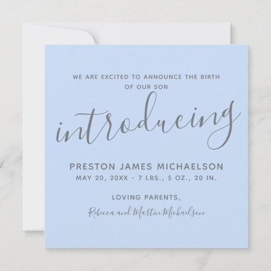 青い水色のフローラ写真の誕生発表 招待状 (裏面)